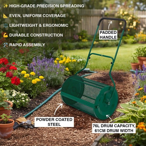 CMGardens 76L Lawn Compost Spreader Top Dress Soil/Fertiliser/Seed Heavy Duty Garden Roller