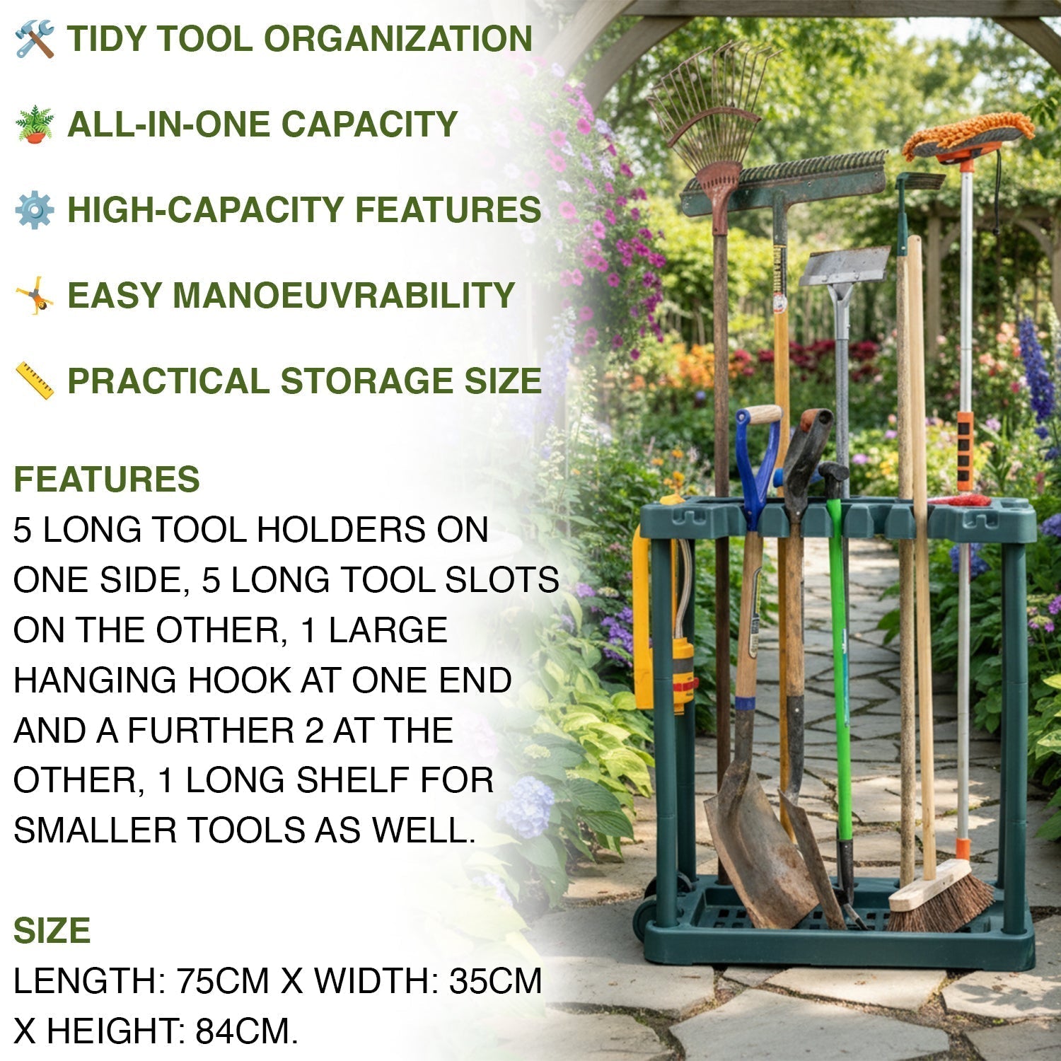 CMGardens Garden Tool Holder Storage Rack Trolley with Wheels for Sheds/Garages