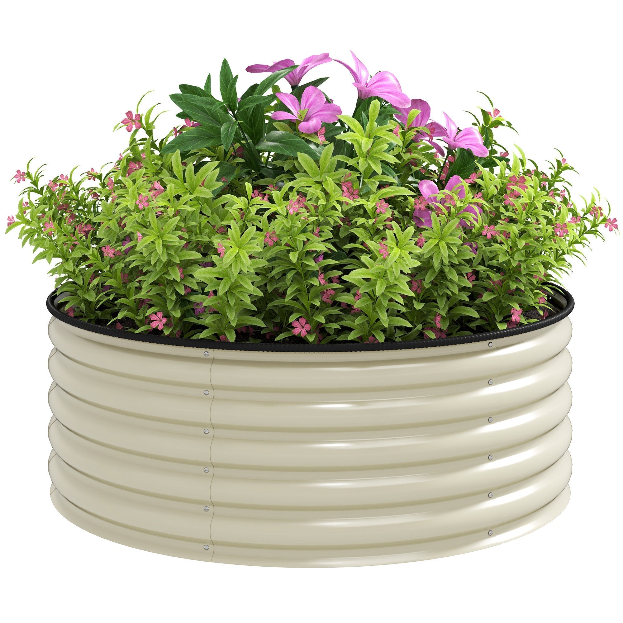 Galvanised Raised Garden Bed with Safety Edging, Outdoor Raised Planter Box with Gloves and Open Bottom, Metal Raised Bed for Flowers, Vegetables and Herbs, 120 x 120 x 43cm, Cream White