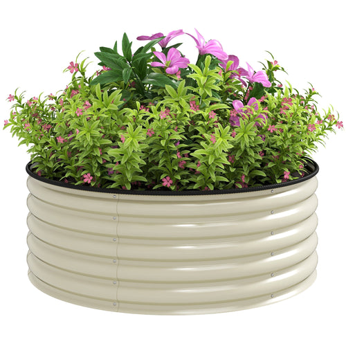 Galvanised Raised Garden Bed with Safety Edging, Outdoor Raised Planter Box with Gloves and Open Bottom, Metal Raised Bed for Flowers, Vegetables and Herbs, 120 x 120 x 43cm, Cream White