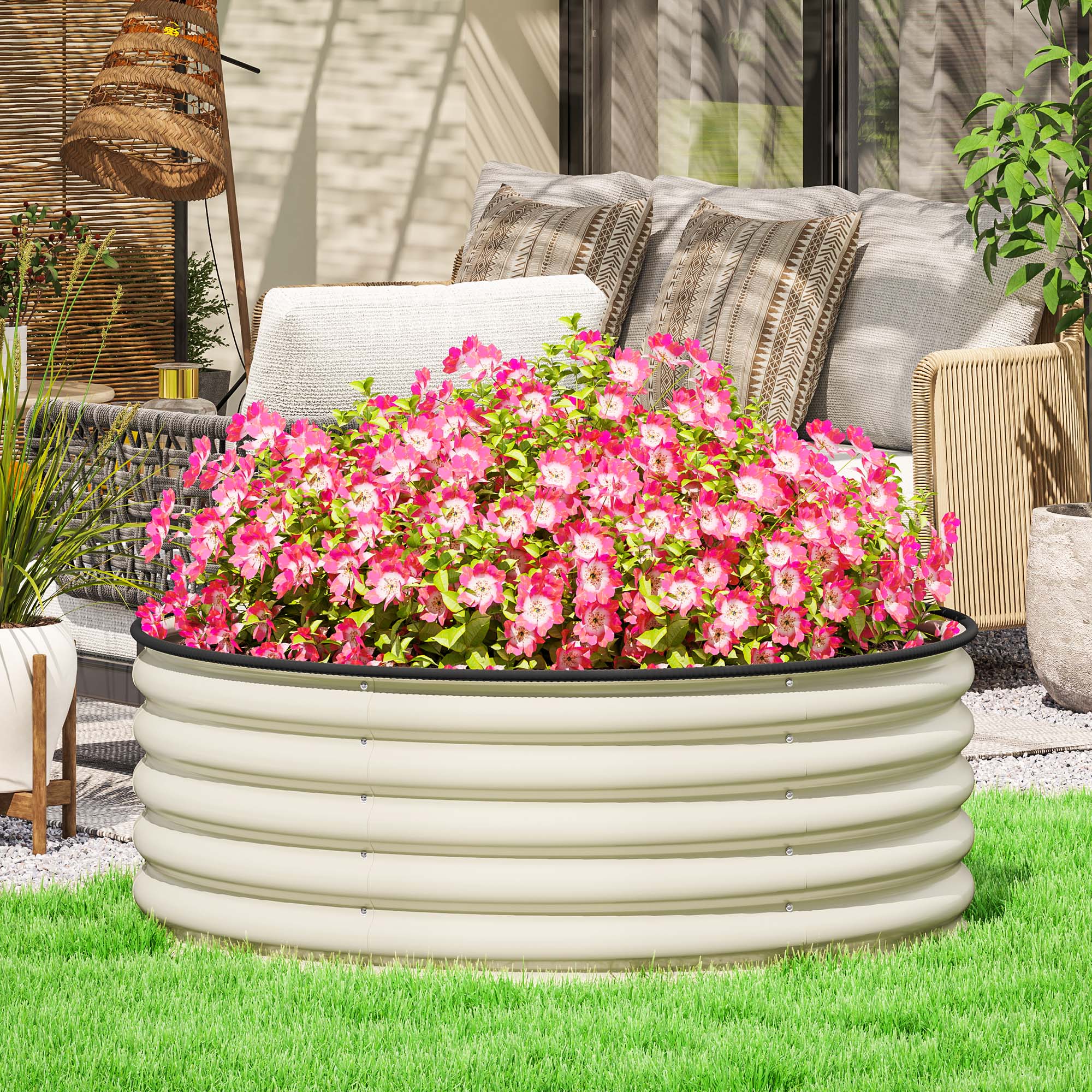 Galvanised Raised Garden Bed with Safety Edging, Outdoor Raised Planter Box with Gloves and Open Bottom, Metal Raised Bed for Flowers, Vegetables and Herbs, 120 x 120 x 43cm, Cream White