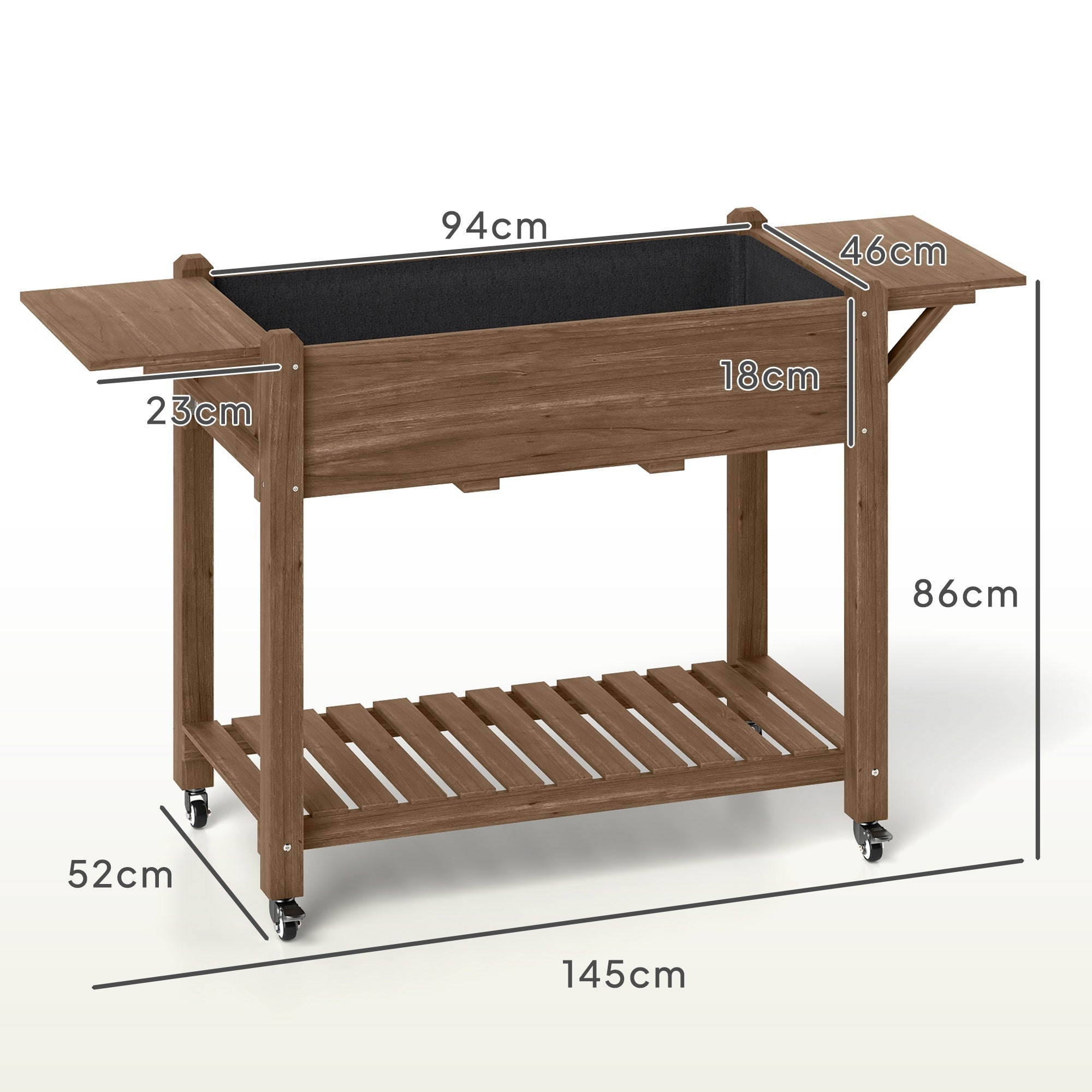 Wooden Elevated Planter Box with Lockable Wheels, Side Tables and Bottom Shelf, Carbonised